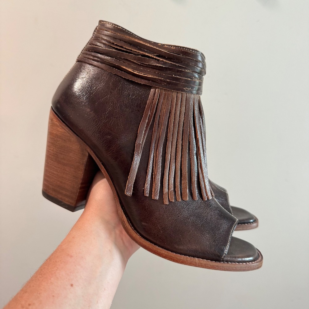 Redhawk Boot Co Womens 11 Brown Leather Fringe Open Toe Ankle Boots Block Heel